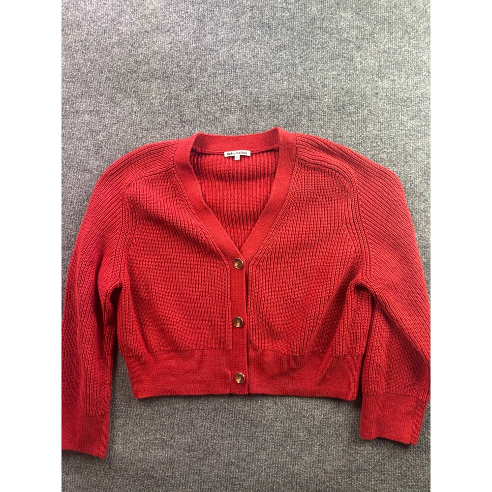 Reformation Cardigan Women M Red Organic Cotton Ribbed V-Neck Cropped Sweater